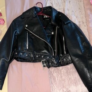 Zara Black Leather Cropped Biker Jacket